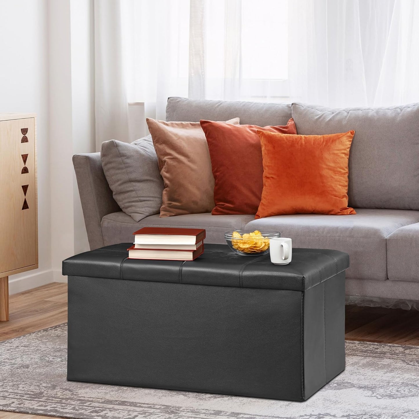 SUPER DEAL 30 inches Folding Ottoman with Storage, Bedroom Footrest Bench, Rectangle Sotrage Chest for Living Room Entryway, 30"x15"x15", 85L, Faux Leather, Black