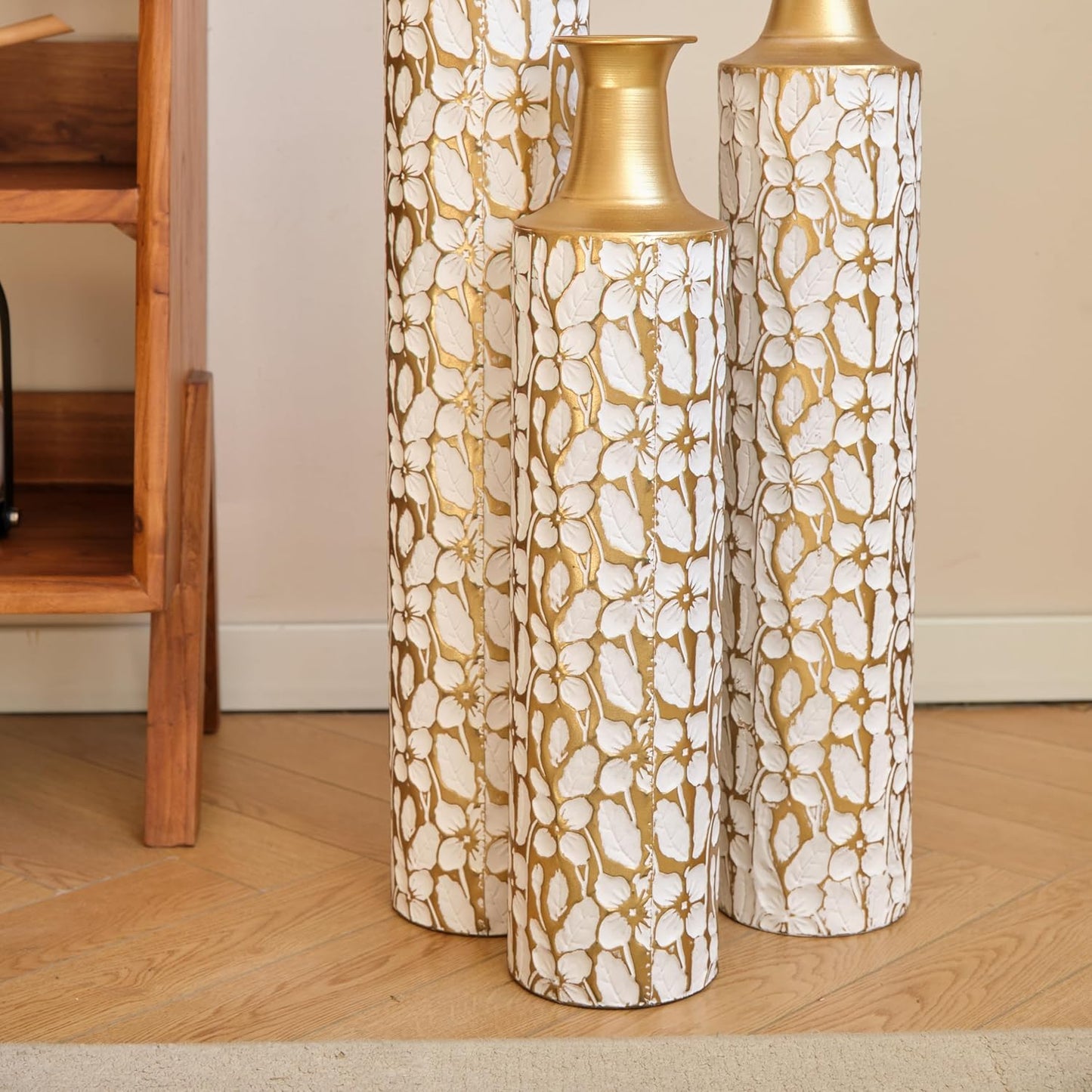 Medhansh Metal Floor Vase, Tall Floor Vase with Gold Twig Pattern, Antique White Finish (Set of 3)