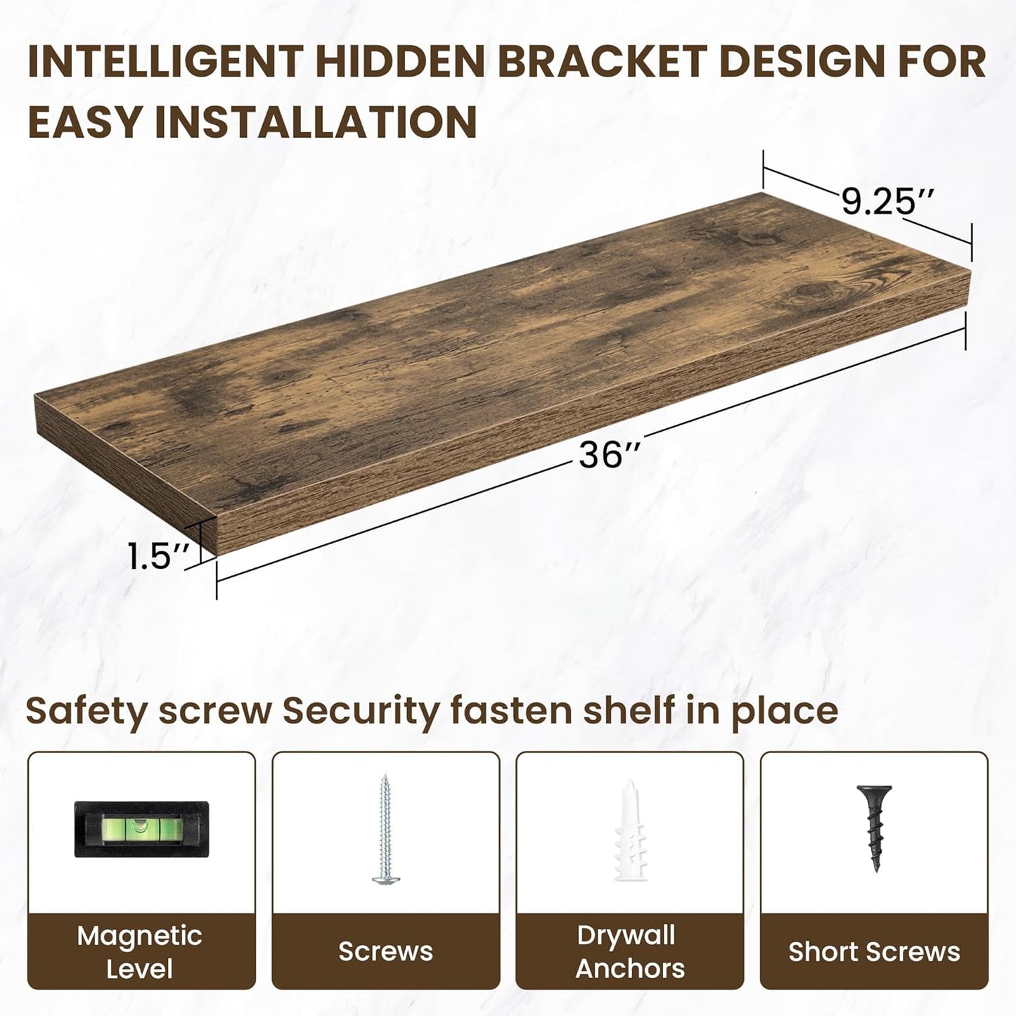 36 Inch Floating Shelves, 36"x9.25"x1.5" Inch Deep Floating Shelves for Wall, Wooden Shelves for Bathroom, Bedroom, Living Room, Brown