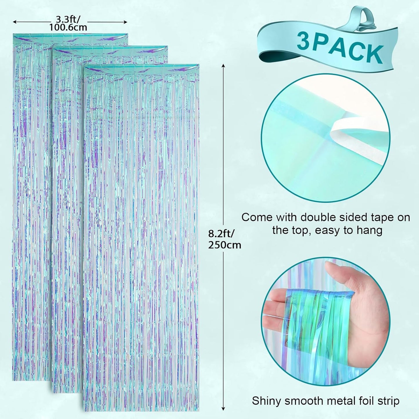 3 Pack 3.3x8.2 Feet Neon Iridescent Foil Fringe Backdrop Curtains, Tinsel Streamers Birthday Party Decorations, Fringe Backdrop for Graduation, Baby Shower, Gender Reveal, Disco Party