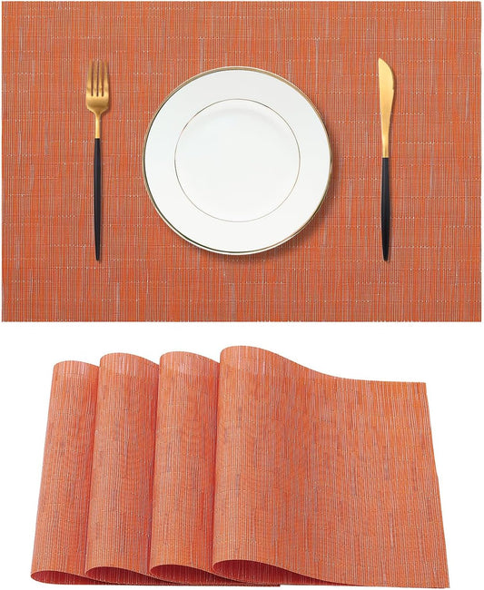Leetaltree Orange Placemats Set of 4 - Heat Resistant Non-Slip Place mats for Dining Table, Washable Durable PVC Vinyl Woven Table Mats（Orange, 4）