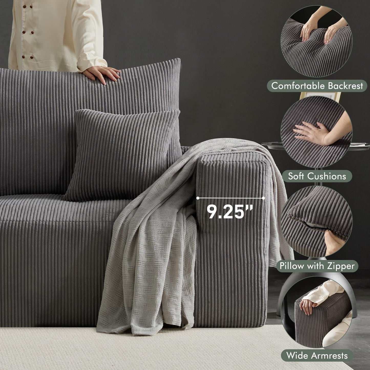 Boneless Cloud Couch Sofa for Living Room, 112" 3 Seater Grey Modern Lounge Sleeper Couch, No Assemble, Cordury Compression Upholstered Couches