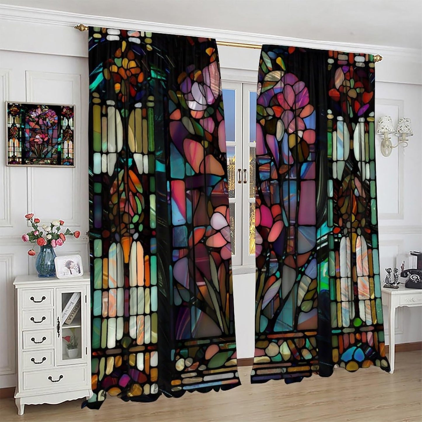 Stained Glass Curtains,Vintage Colorful Abstract Art Home Decor Drapes for Bedroom Living Room Kitchen Window Treatment 2 Panels Set Total Size 72" W X 63" L Inch