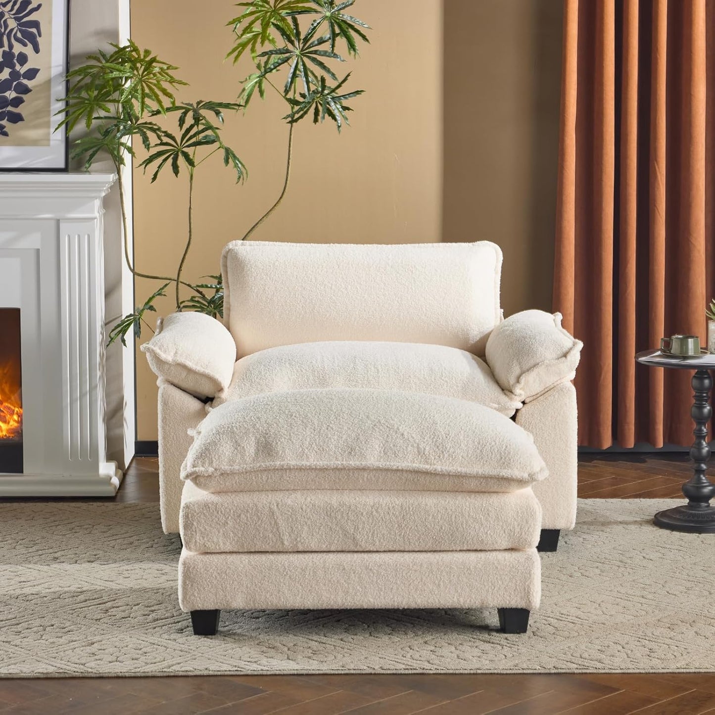 Karl home Oversized Accent Chair Teddy Fleece Sofa with Chaise, Modern Sofa Chair with Removable Ottoman Modular 1-Seater Couch and 2-Layer Ottoman for Living Room, Apartment, Studio, Beige