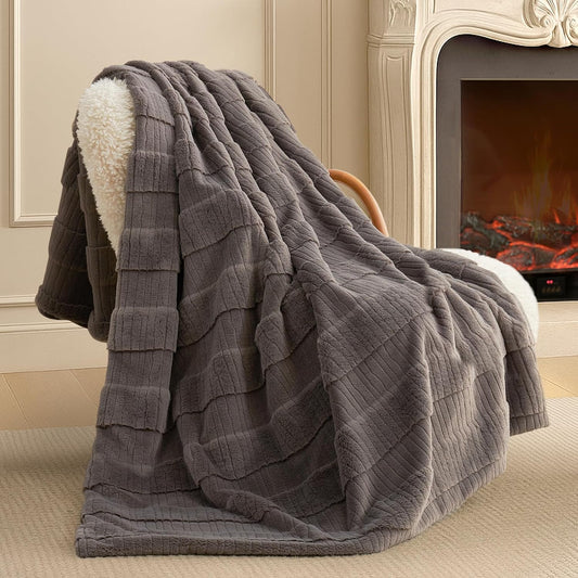 Amélie Home Luxury Striped Faux Fur Throw Blanket for Couch, Embossed Split Fur Cozy Fuzzy Fluffy Luxurious Soft Plush Sofa Chair Bed Gift Blankets for Women Men Wife Friend, 60"x80", Charcoal Gray