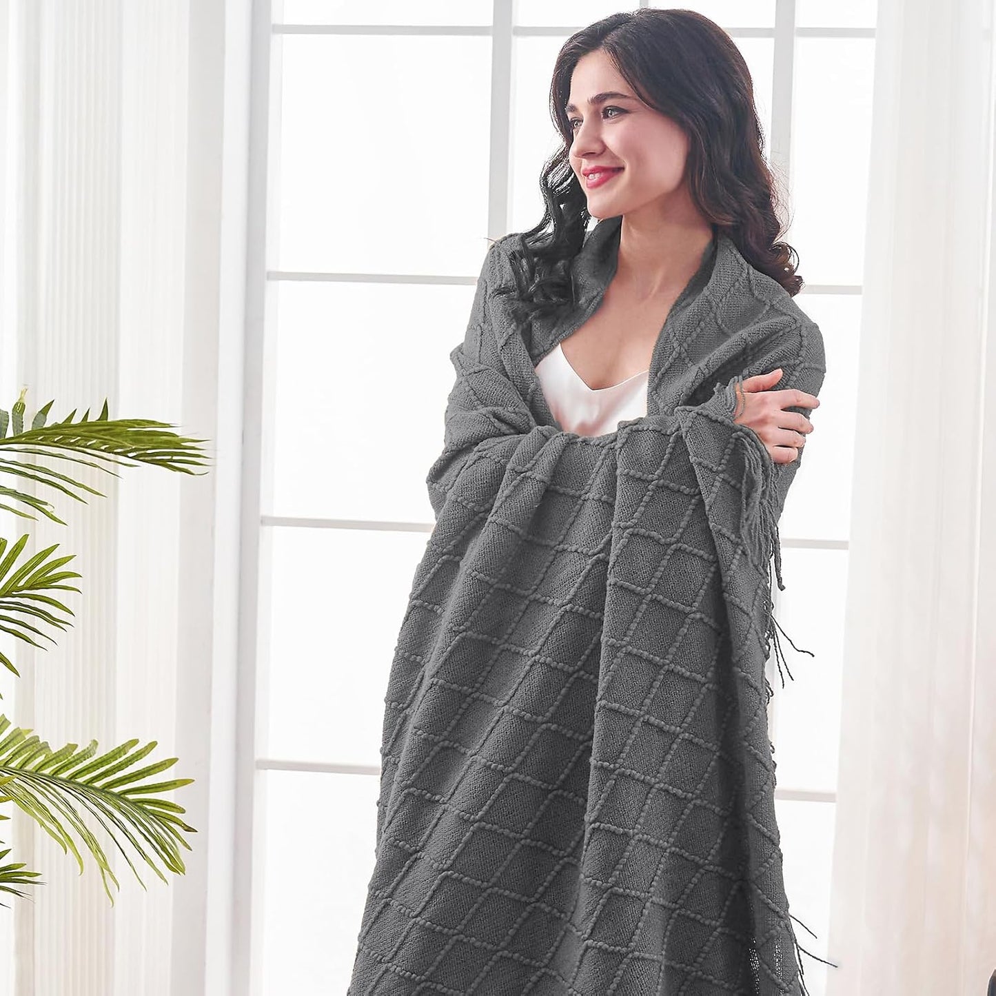 inhand Grey Throw Blanket for Couch and Bed, Soft Living Room Home Decor Knitted Blanket with Tassel, Outdoor Lightweight Breathable Summer Blanket, Farmhouse Warm Woven Decorative, 50"x60"