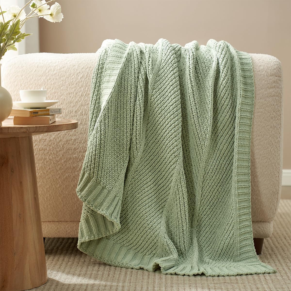 Amélie Home Chenille Knit Throw Blanket for Couch, Chevron Texture Decorative Soft Blanket for Sofa, Bed & Chair, 60"x80", Sage Green