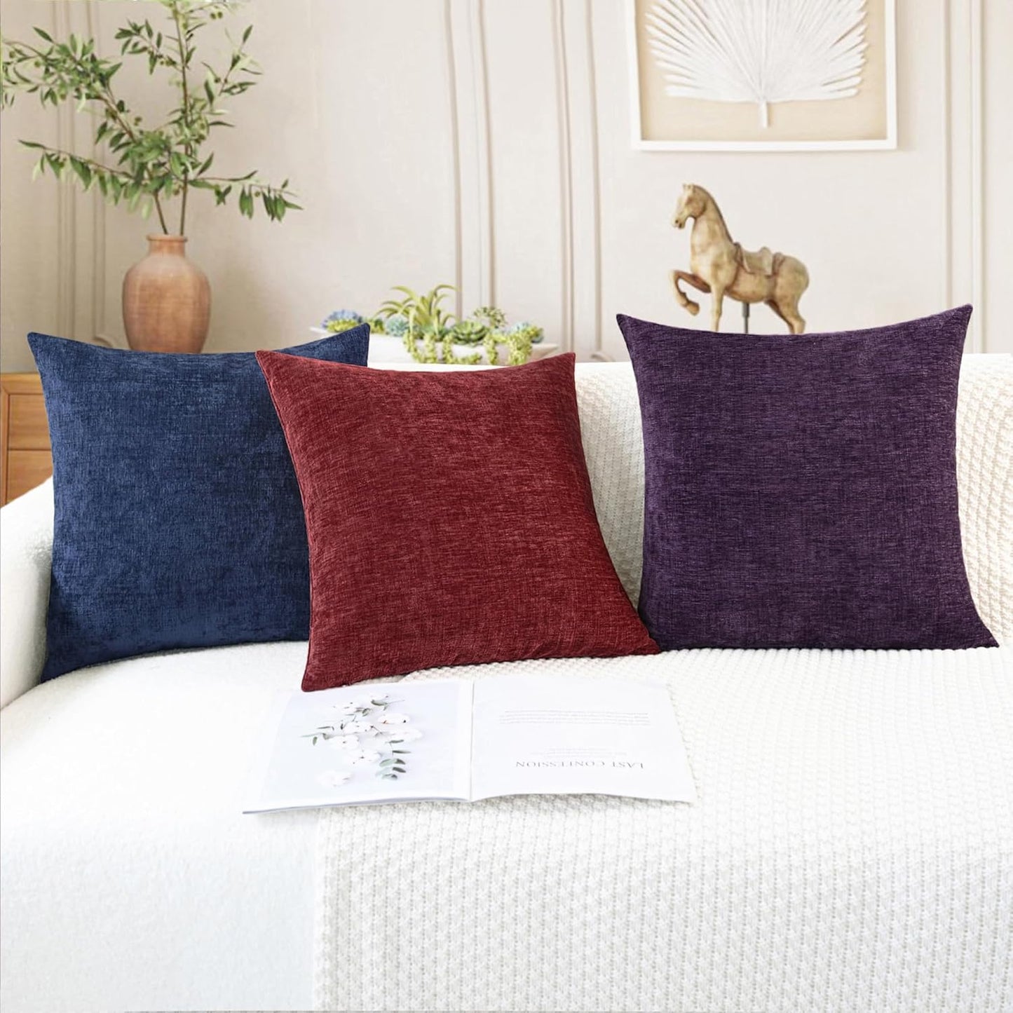 CaliTime Throw Pillow Covers Decorative 24 X 24 Inches Pack of 2 Cozy Chenille Cushion Cases for Couch Sofa Bed Living Room Home Plum Purple