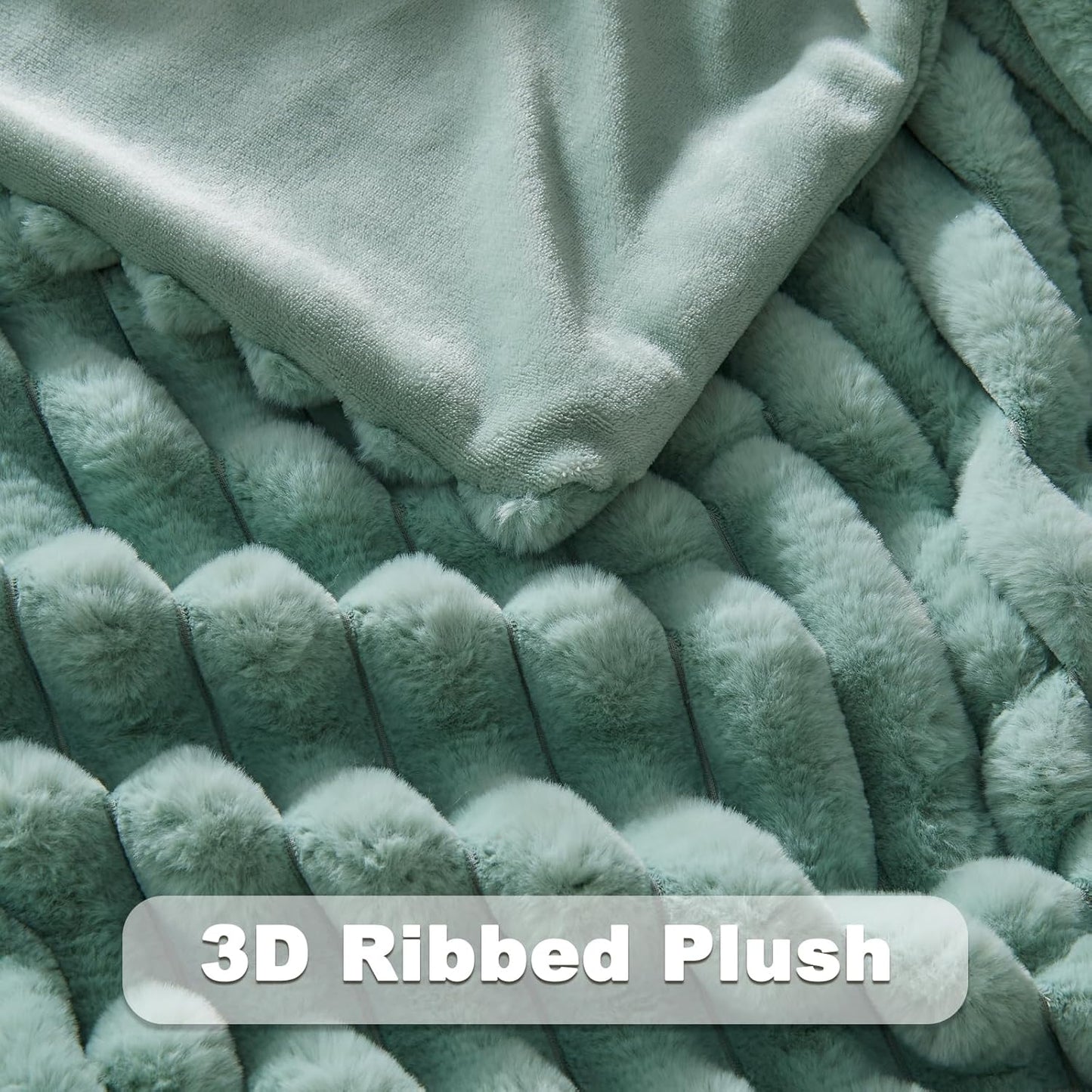 NEWCOSPLAY Faux Fur Twin Blanket New Sage Green 3D Ribbed Plush Thick Warm Blanket for Couch Sofa Bed 850GSM (New Sage Green Ribbed, Twin(60"x80"))