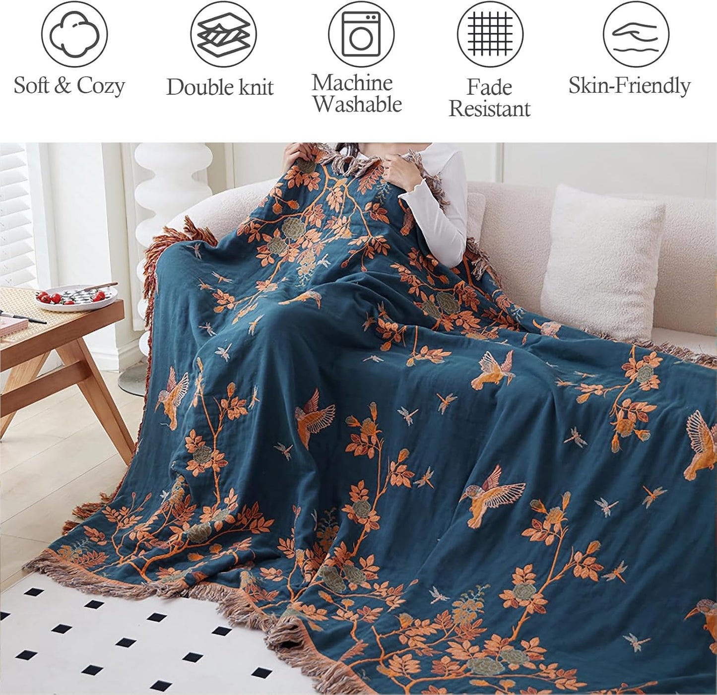 Snycler Boho Throw Blanket for Bed, 100% Organic Cotton Muslin Soft Throw-Floral Bird Farmhouse Rustic Spring Summer Fall Decor Blanket for Couch Sofa Quilt and Gift, 80" x 90" Orange