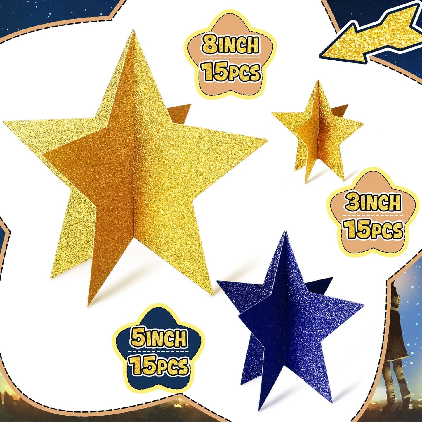 45 Pcs 3D Star Centerpieces Movie Night Decorations for Table in 3 Sizes Hanging Supplies for Red Carpet Film Show Theme Birthday New Year Party First Day of School Table Decor(Blue, Gold)