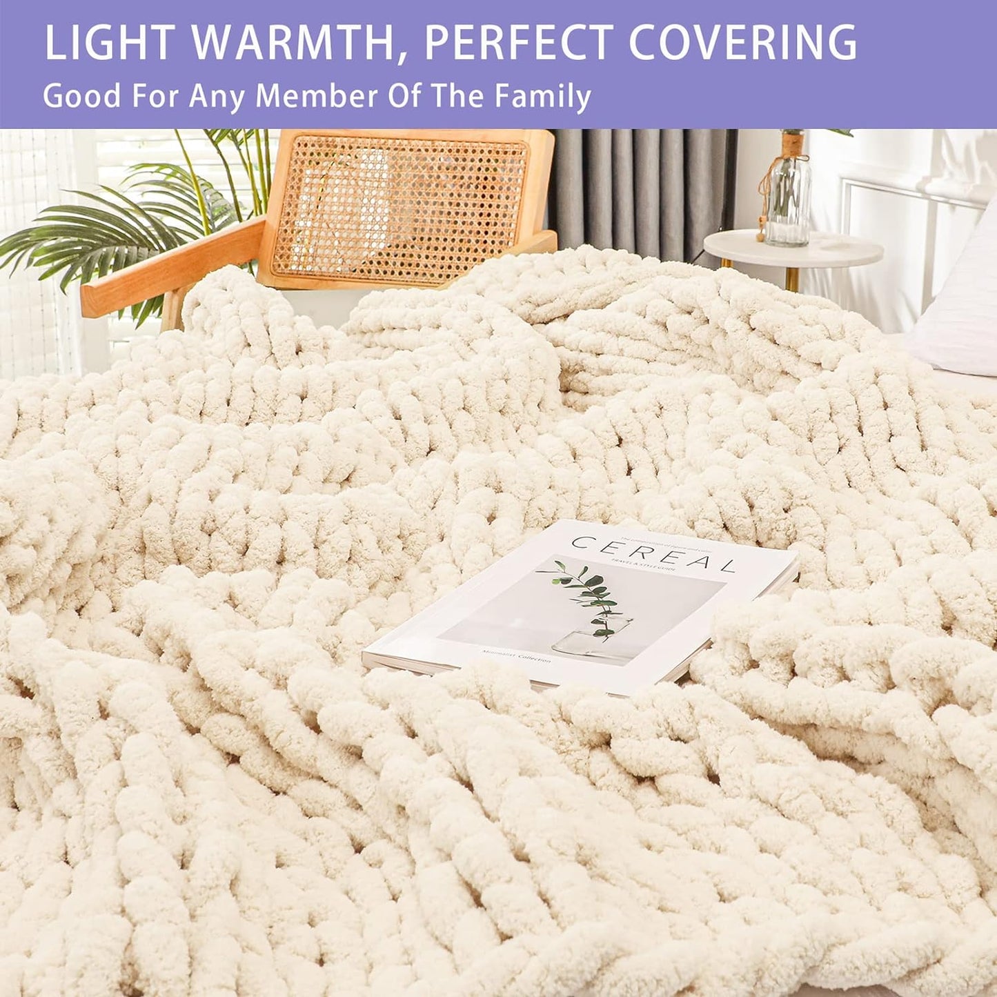 Bigacogo Chunky Knit Throw Blanket for Couch, 40x60 inches, 100% Hand Knitted with Thick Jumbo Chenille Yarn, Cozy Soft Large Rope Knot Cable Crochet Blankets for Sofa Bed Living Room, Beige