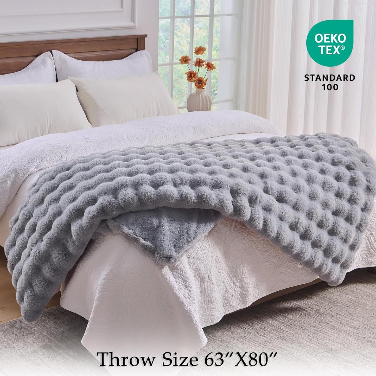 BENVWE Fluffy Faux Fur Throw Blanket for Couch, Soft Plush Thick Cozy Fuzzy Luxury Minky Bubble Blanket for Home Living Room Decor Gift for Women, Light Grey, 63" x 80", 1100GSM