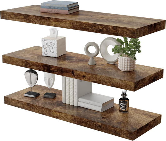 Large Floating Shelves for Wall Set of 3 Wooden Wall Shelves 36 in x 12.75 in x 2 in Room Decor Long Shelf with Invisible Wall Mount Bracket for Bedroom Kitchen Living Room Rustic Brown