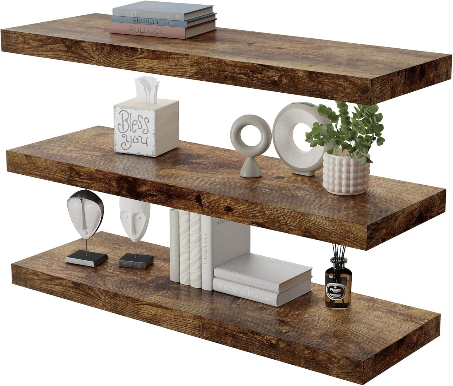 Large Floating Shelves for Wall Set of 3 Wooden Wall Shelves 30 in x 12.75 in x 2 in Room Decor Long Shelf with Invisible Wall Mount Bracket for Bedroom Kitchen Living Room Rustic Brown