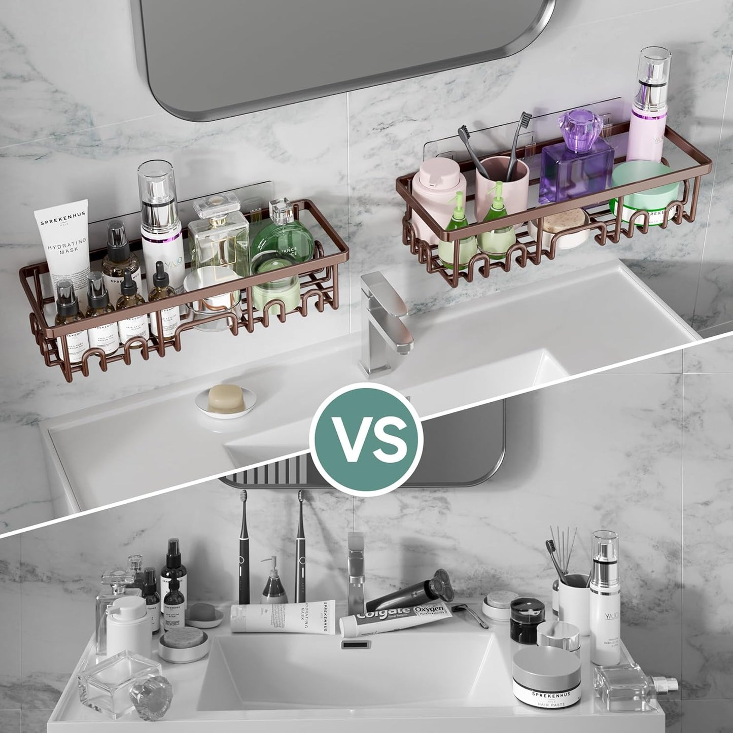 Veken Shower Caddy 6-Pack, No Drilling & Rustproof, Waterproof Adhesive Shelves Rack with Soap Holder, Large Capacity Bathroom Organizers and Storage, Wall-Mounted Kitchen & Home Decor