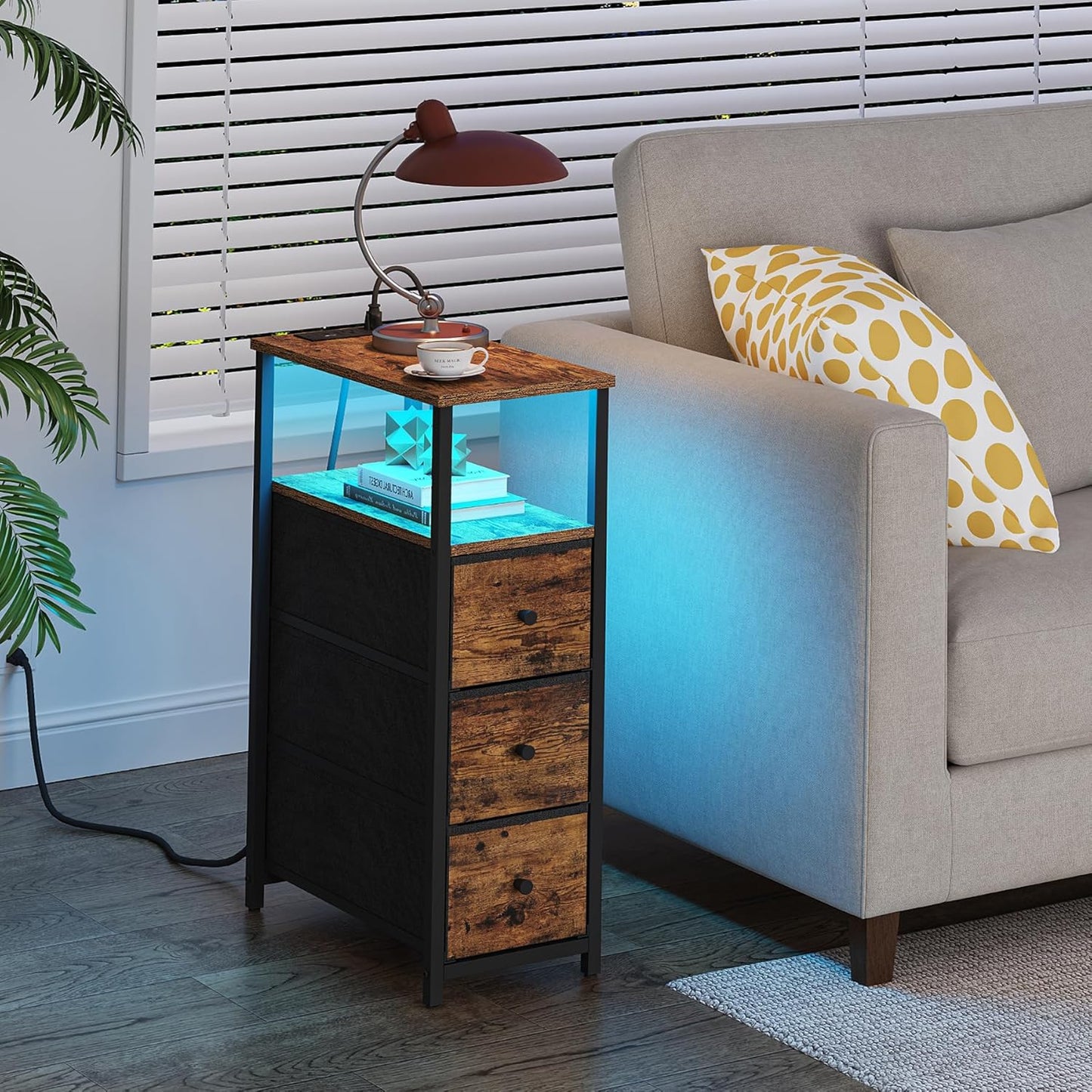 TUTOTAK Narrow LED Night Stand with Charging Station, Slim End Table with Plugins, Tall Side Table with 3 Fabric Drawer, Small Bedside Table with Storage, Set of 2, for Living Room, Brown TB01BB073L