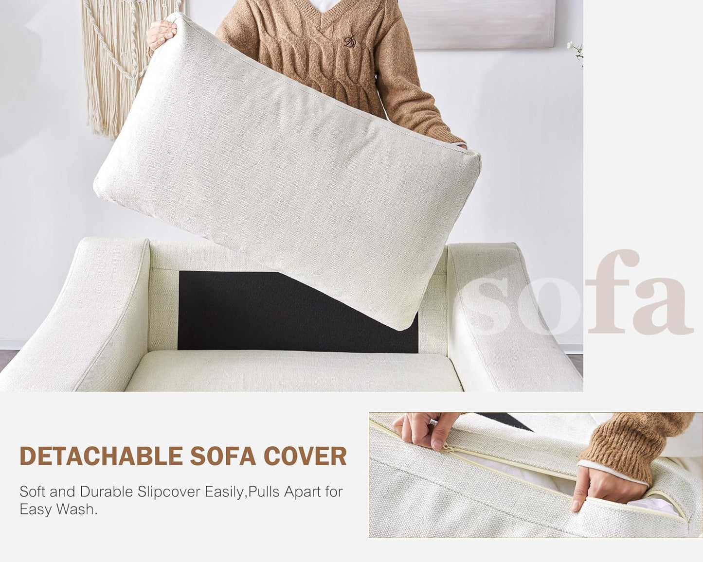 L Shaped Sectional Sofa with Ottoman,Rolled Armrest,Modern Sectional Modular Couch for Living Room,Breathable Linen Fabric Corner Couch with 7 Seats for Apartment,Removable Sofa Cushion,Ivory