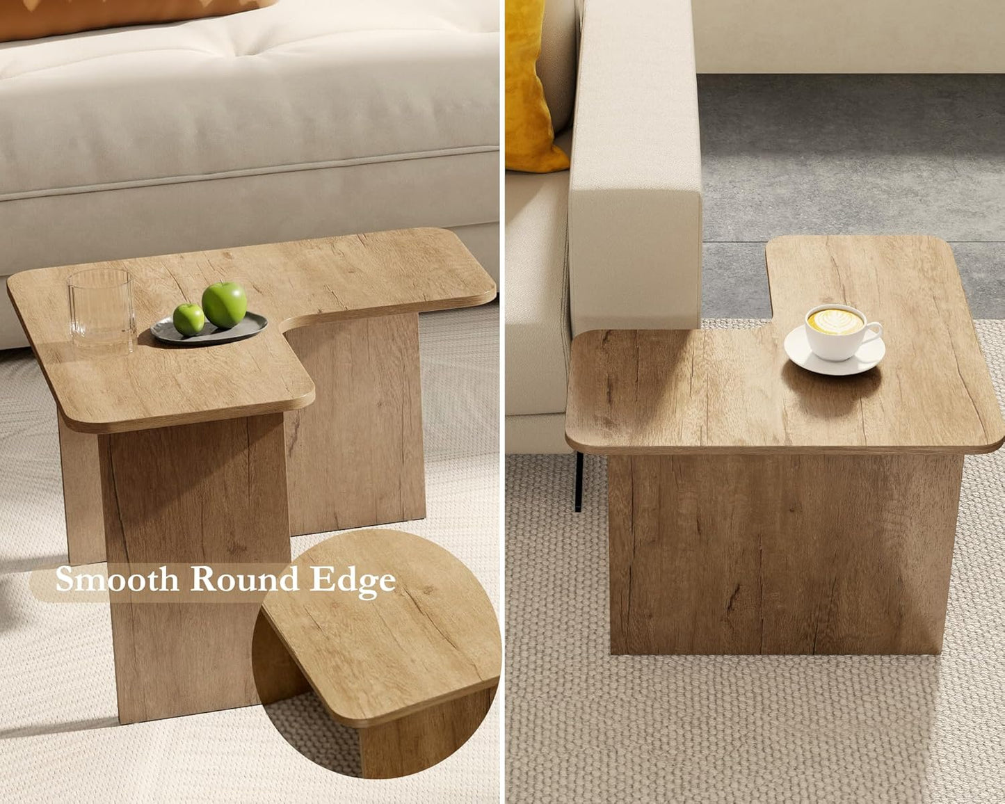 VESCASA Modern L Shaped Nesting Coffee Table Set of 2 Modular Rectangle Walnut Wood Table for Living Room