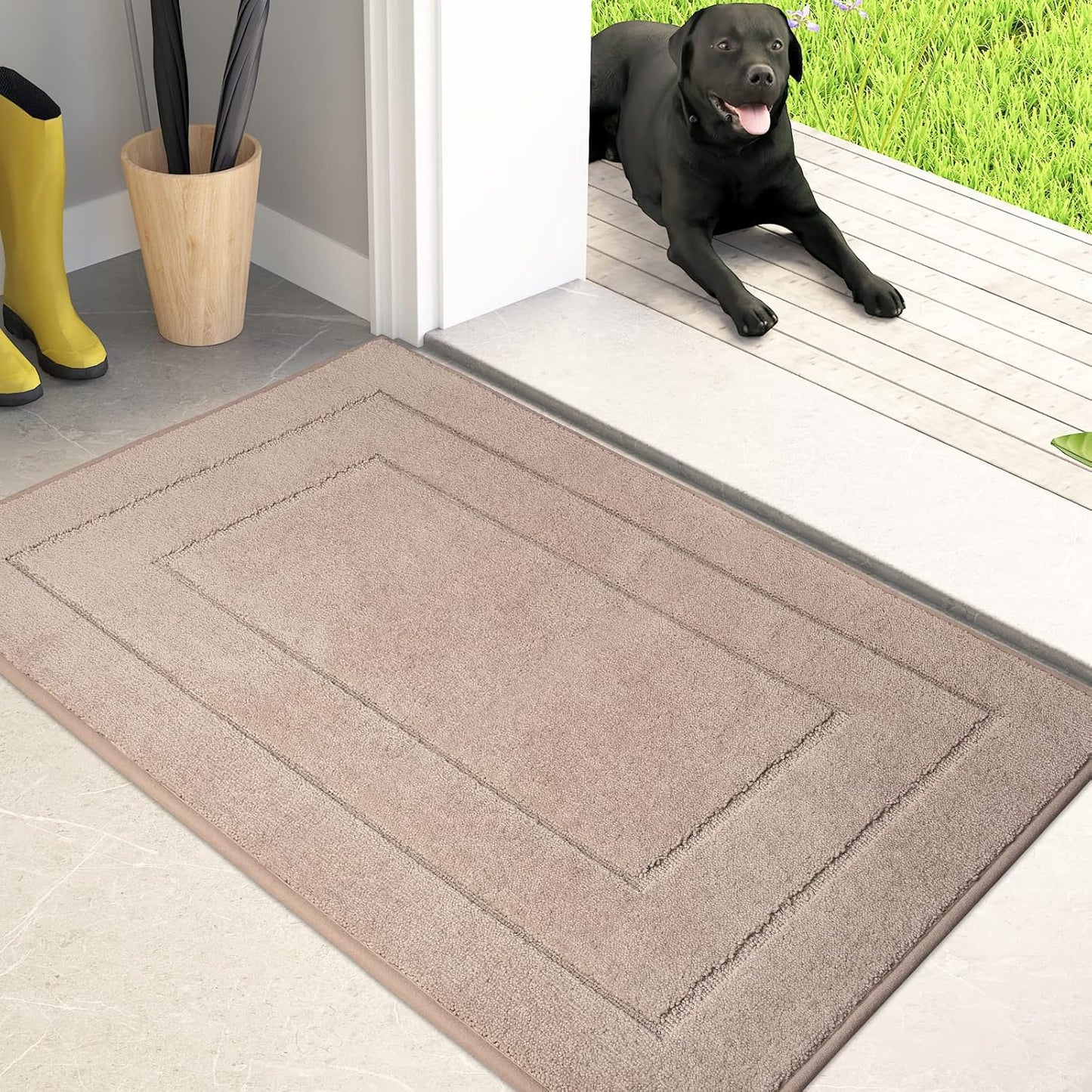 PURRUGS Dirt Trapping Door Mat 24" x 35.5", Non-Slip/Skid Machine Washable Entryway Rug, Dog Doormat, Super Absorbent Welcome Mat for Muddy Wet Shoes and Paws, Beige