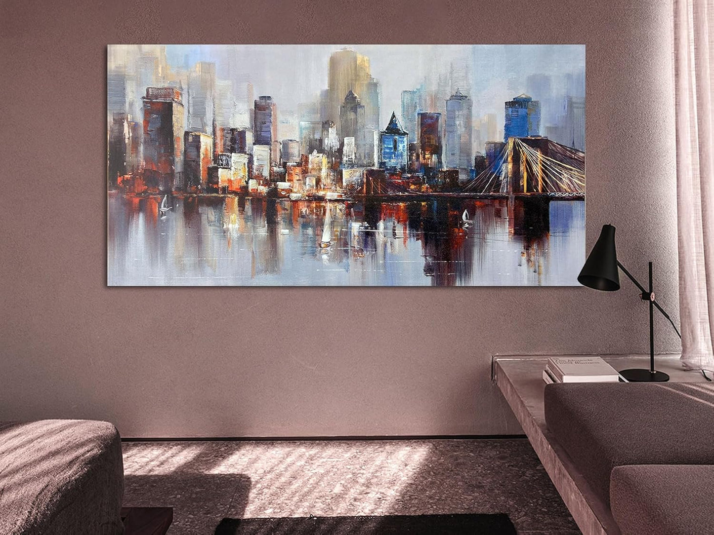 Arjun Brooklyn Bridge Wall Art Modern New York City Abstract Canvas Cityscape Painting, NYC Skyline Textured Picture for Living Room Bedroom Home Office Wall Decor Extra Large Size Framed 58"x29"