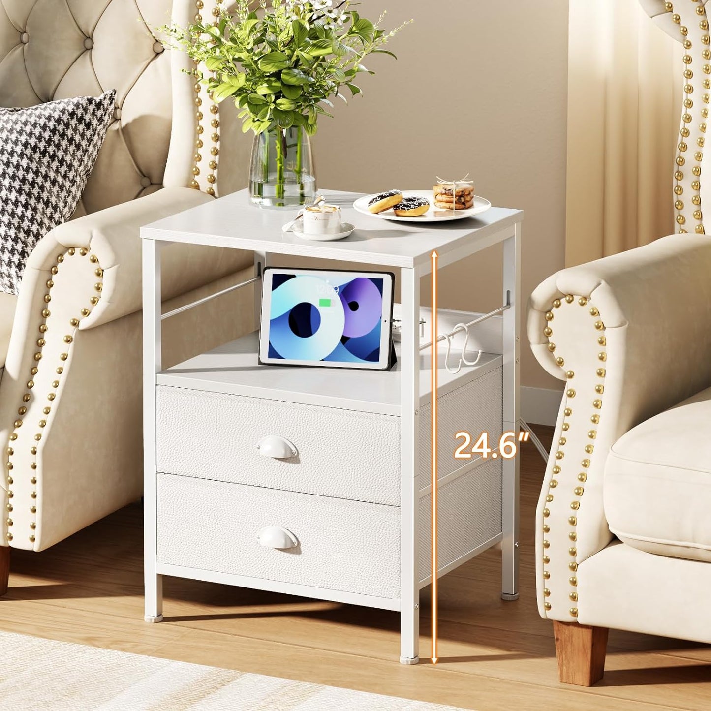 Furologee Night Stand with Charging Station, Bedside Table with Fabric Drawers, End Table with USB Ports & Outlets, White Nightstand with Storage Shelf & Hooks, for Living Room/Bedroom, White
