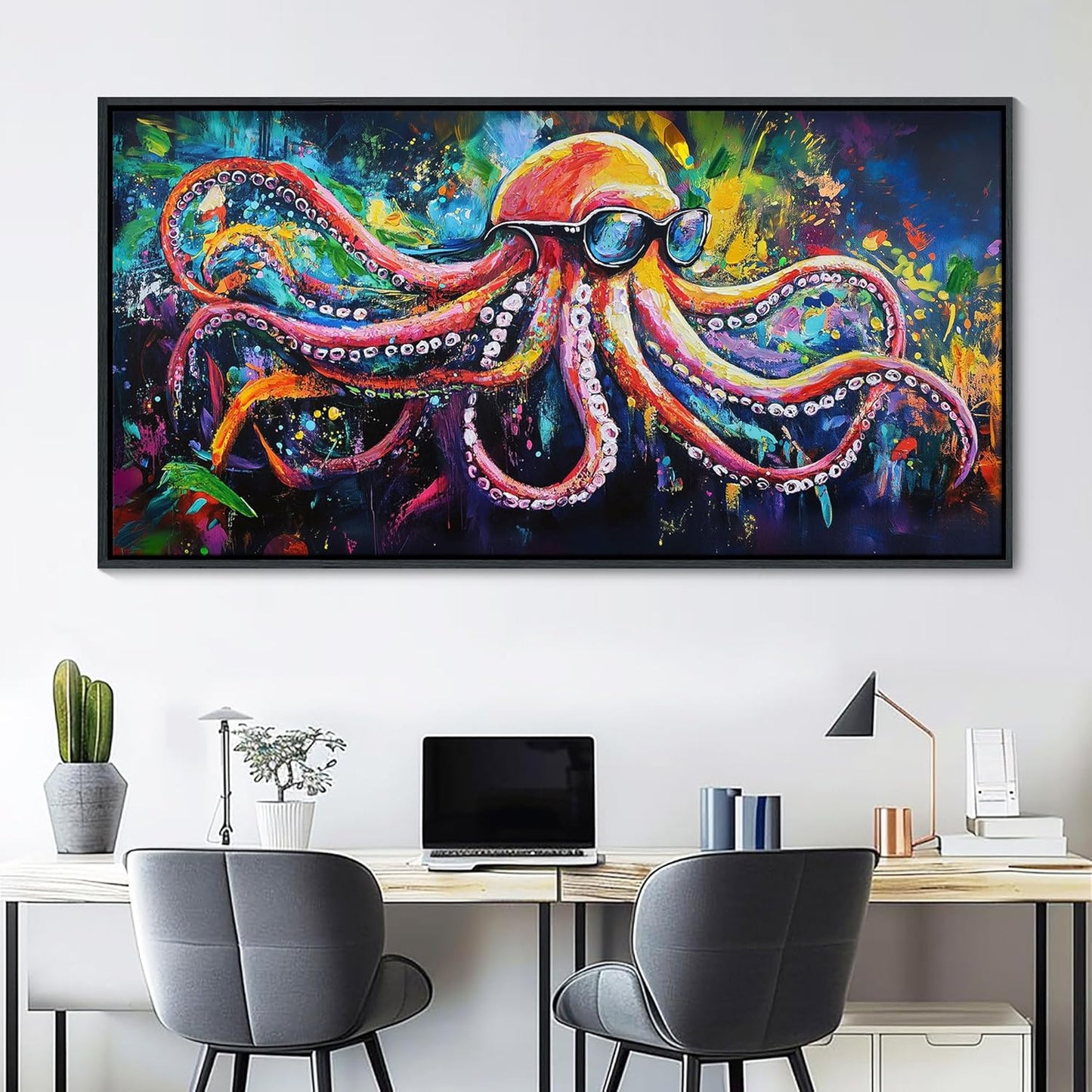 JEAWA Large Framed Wall Art - Funny Octopus Wearing Sunglasses Modern Street Graffiti Texture Wall Painting for Living Room Bedroom Teenage Boy Room Game Room Cool Posters Decor 24x48 IN