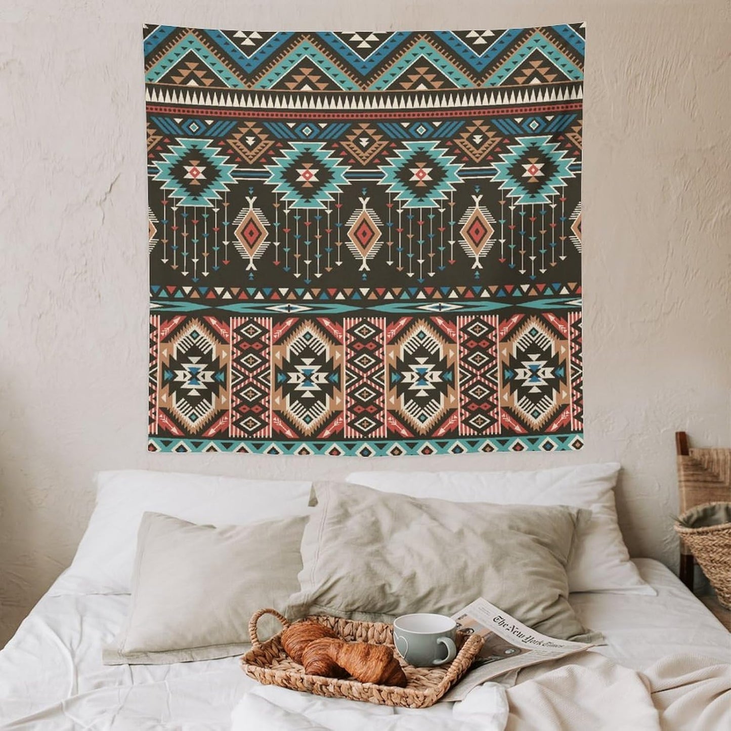 HZOHNAGO Aztec Tapestry Turquoise Blue and Brown and Native American Tribal Pattern Printed Wall Tapestry Wall Hanging for Bedroom Living Room Dorm 60" W x 60" H