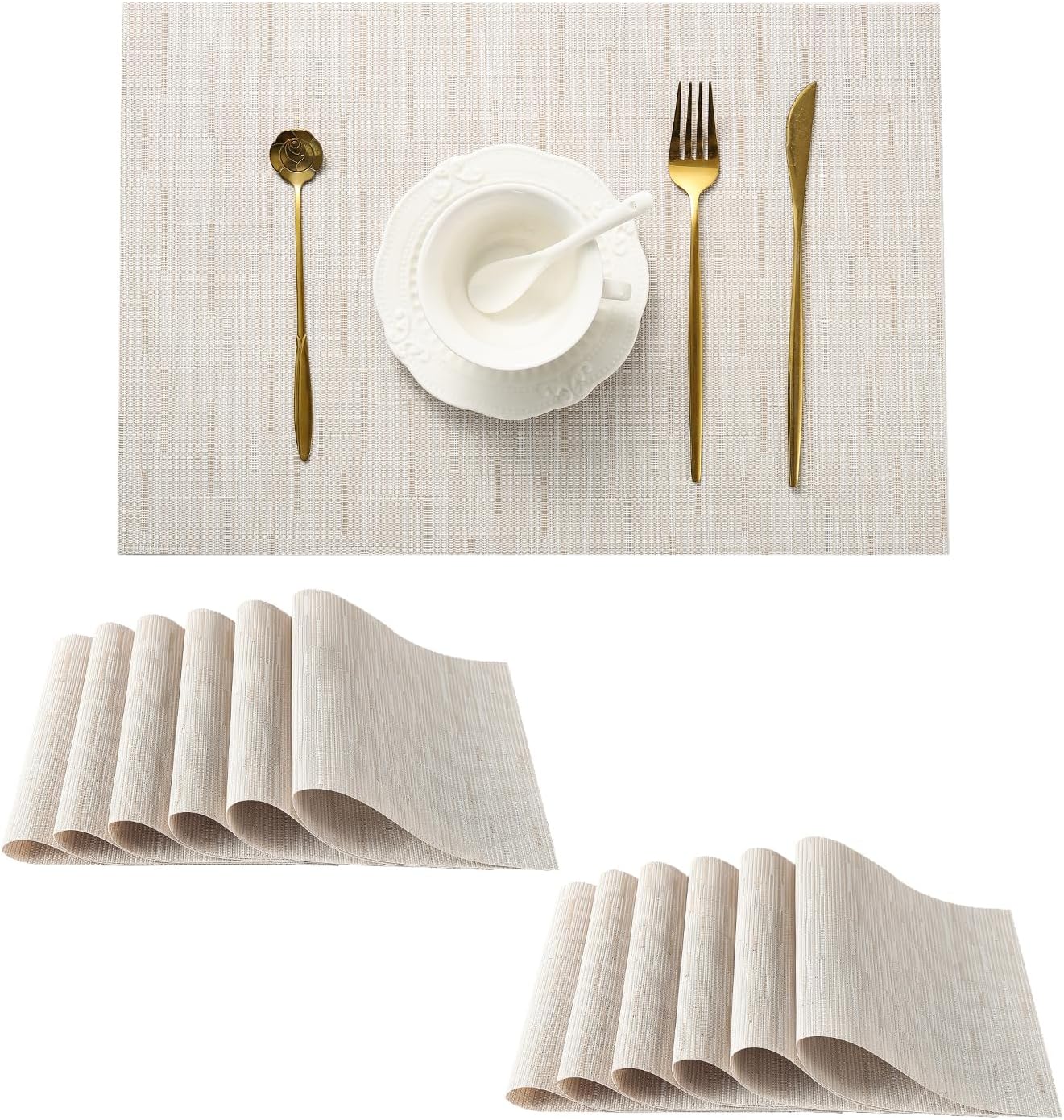 Leetaltree Pale Beige Placemats Set of 12 - Heat Resistant Non-Slip Place mats for Dining Table, Washable Durable PVC Vinyl Woven Table Mats（Pale Beige, 12）