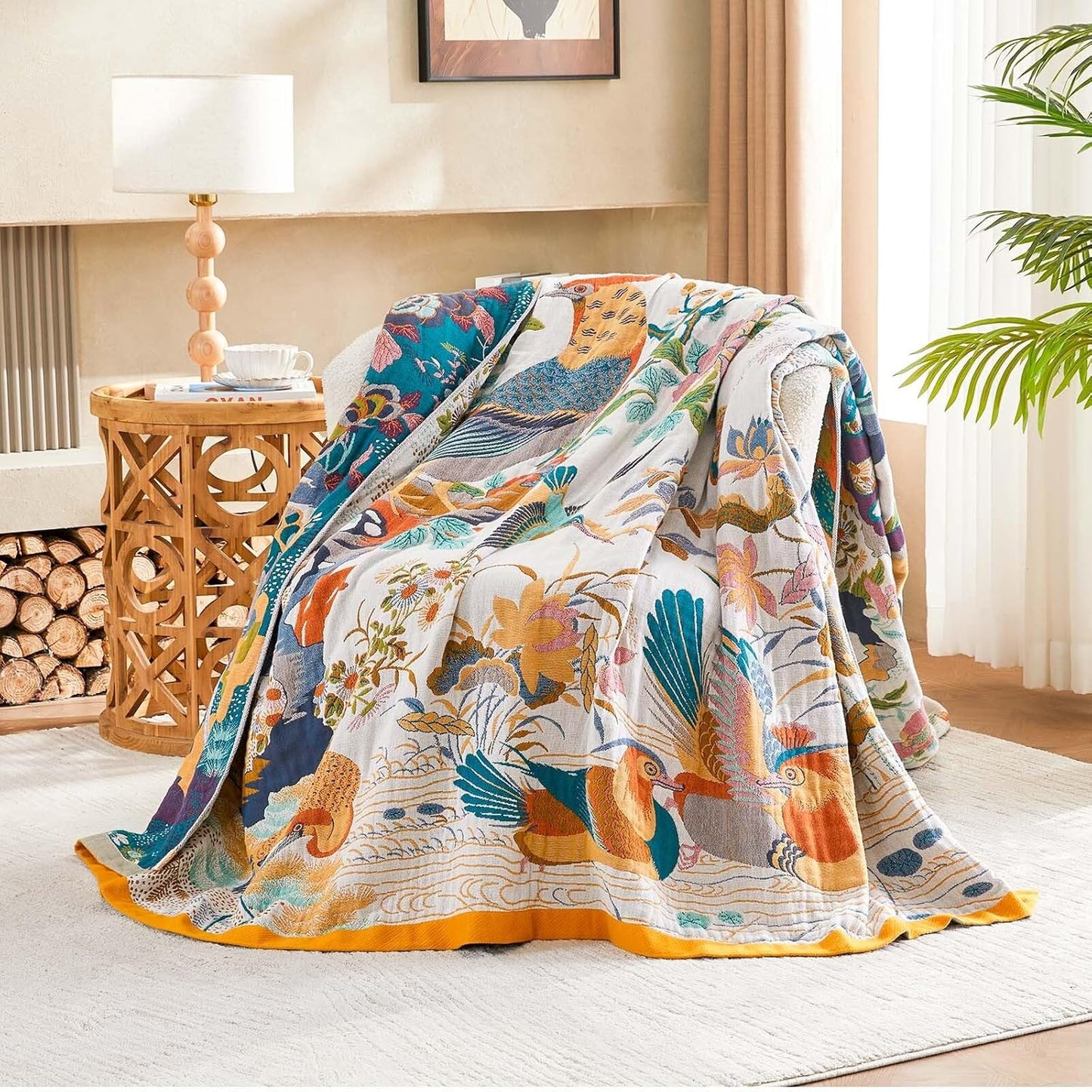 Fall Throw Blanket for Couch, Yellow Boho Decorative Throw Blanket, 100% Cotton Muslin Breathable Woven Farmhouse Blankets Quilt, 90"x98" Reversible Lightweight Blankets Bohemian Throw Quilt