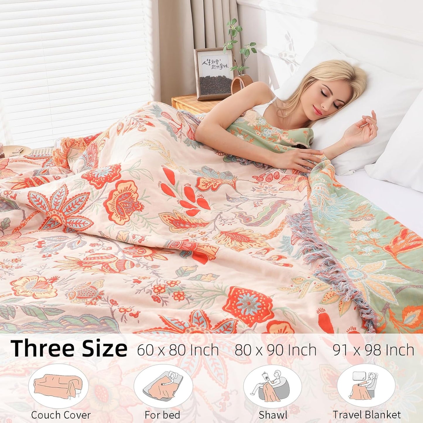 Boho Throw Blanket for Bed - 100% Pure Cotton Ultra Soft Rustic Quilt - Farmhouse Decor Bed Blankets, All Season Rustic Throw for Sofa Couch Chair(91''x 98'', Floral)