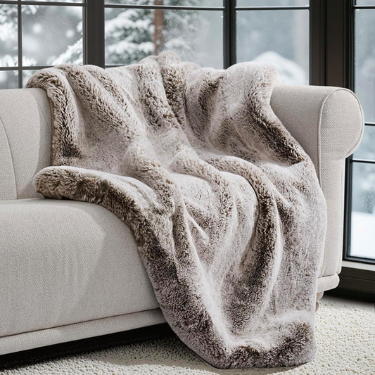 Luxury Soft Faux Chinchilla Fur Throw Blanket for Couch, Warm Thick Heavy Winter Throw Blanket 1220GSM for Bed, Fluffy Cozy Mink Blanket with Reversible Velvet, Champagne Fawn, 60"x80"