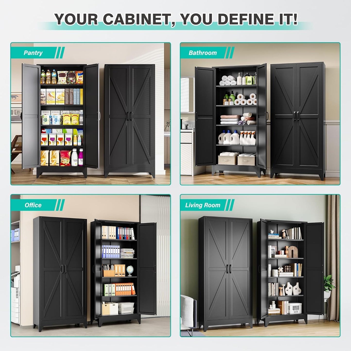 75" Tall Pantry Cabinet,Farmhouse Kitchen Pantry Storage Cabinets with 2 Doors and 5 Shelves,Black Metal Storage Cabinet,Large Cupboard for Home,Kitchen,Dining/Living Room