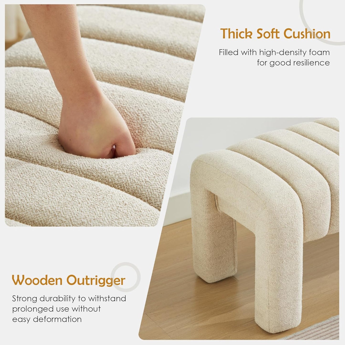 43.3" Bedroom Bench, Upholstered Entryway Bench, Modern End of Bed Ottoman with Solid Wood Legs and Adjustable Foot Pegs for Entryway, Dining Room and Living Room (Beige Linen)