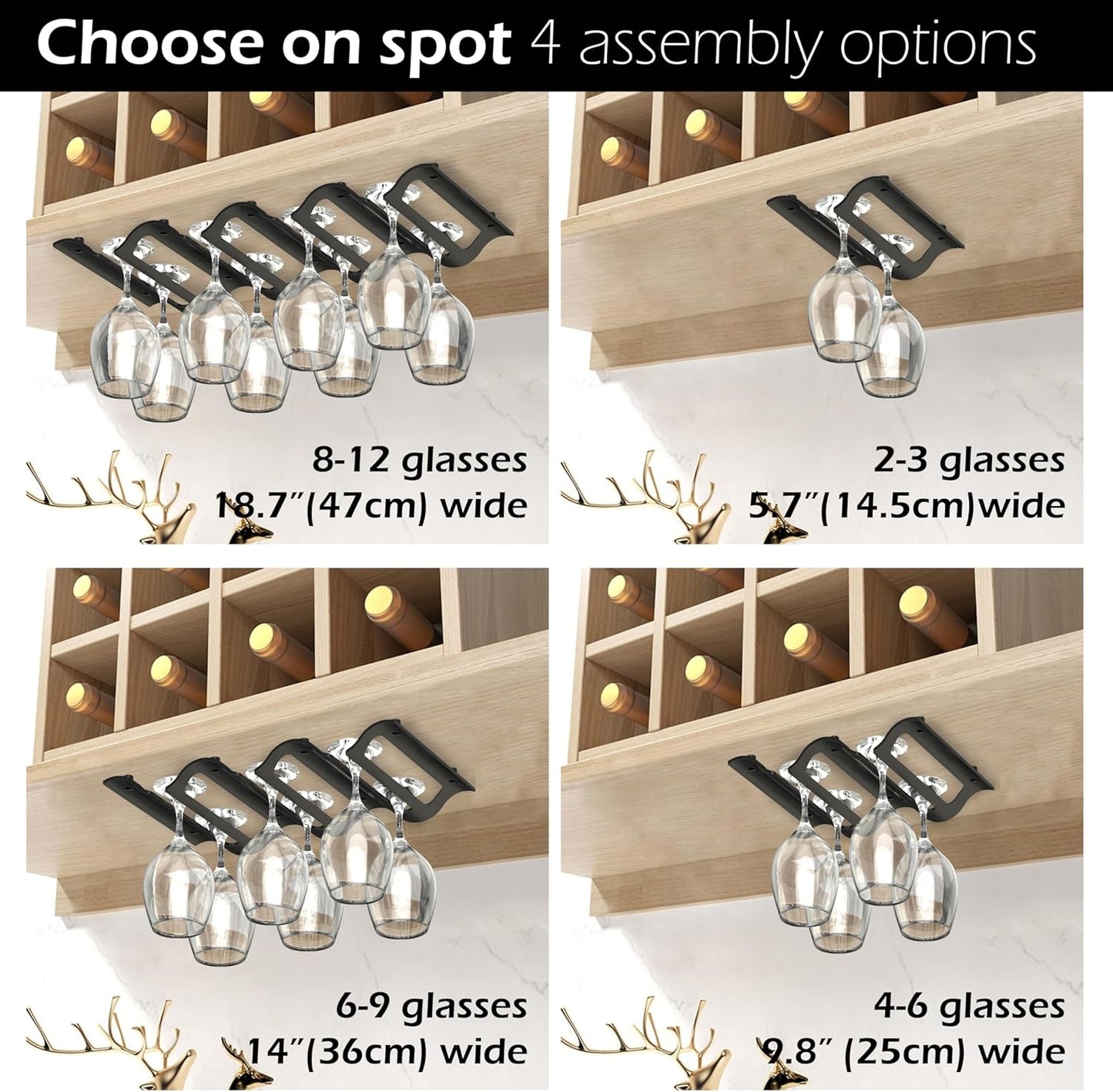 Bariboo Wine Glass Storage Case – Hang 8-12 Glasses on Your 18.7 x 9 x 1.7 In., Dust-Free Wine Glass Holder – Under-Shelf & Under-Cabinet Wine Glass Holder Rack with Assembly Manual & Video