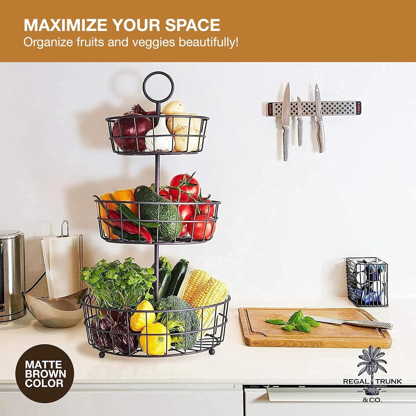 REGAL TRUNK & CO. 3 Tier Fruit Basket, Elegant French Country Wire Baskets, Three Tiered Wire Basket Stand for Vegetables, Bread & More for Countertop or Hanging, Christmas or Birthday Present