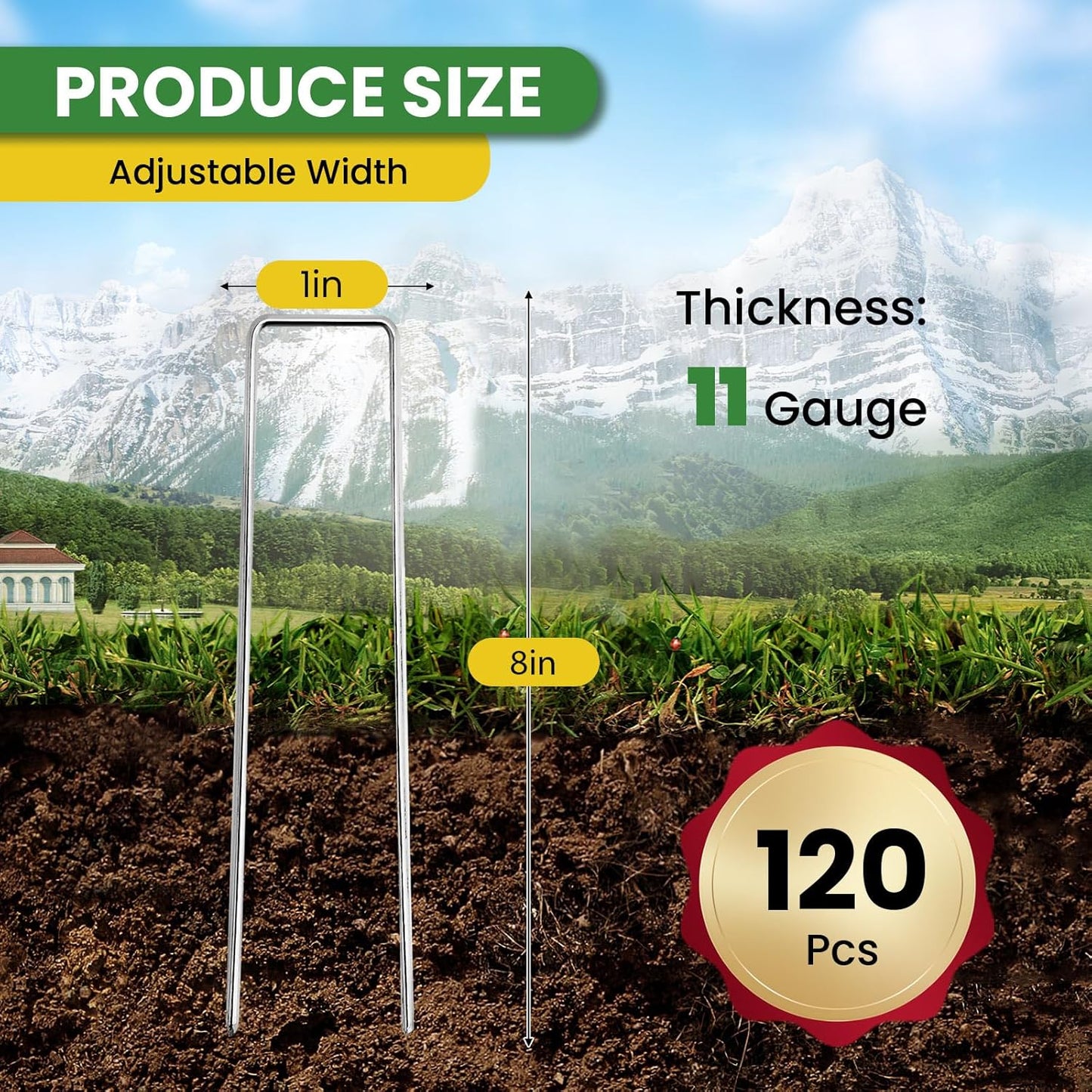 Landscape Staples 8 Inch 120 Pack, Garden Stakes Galvanized Garden Staples 11 Gauge, Plant Cover Stakes for Lawn Weed Barrier