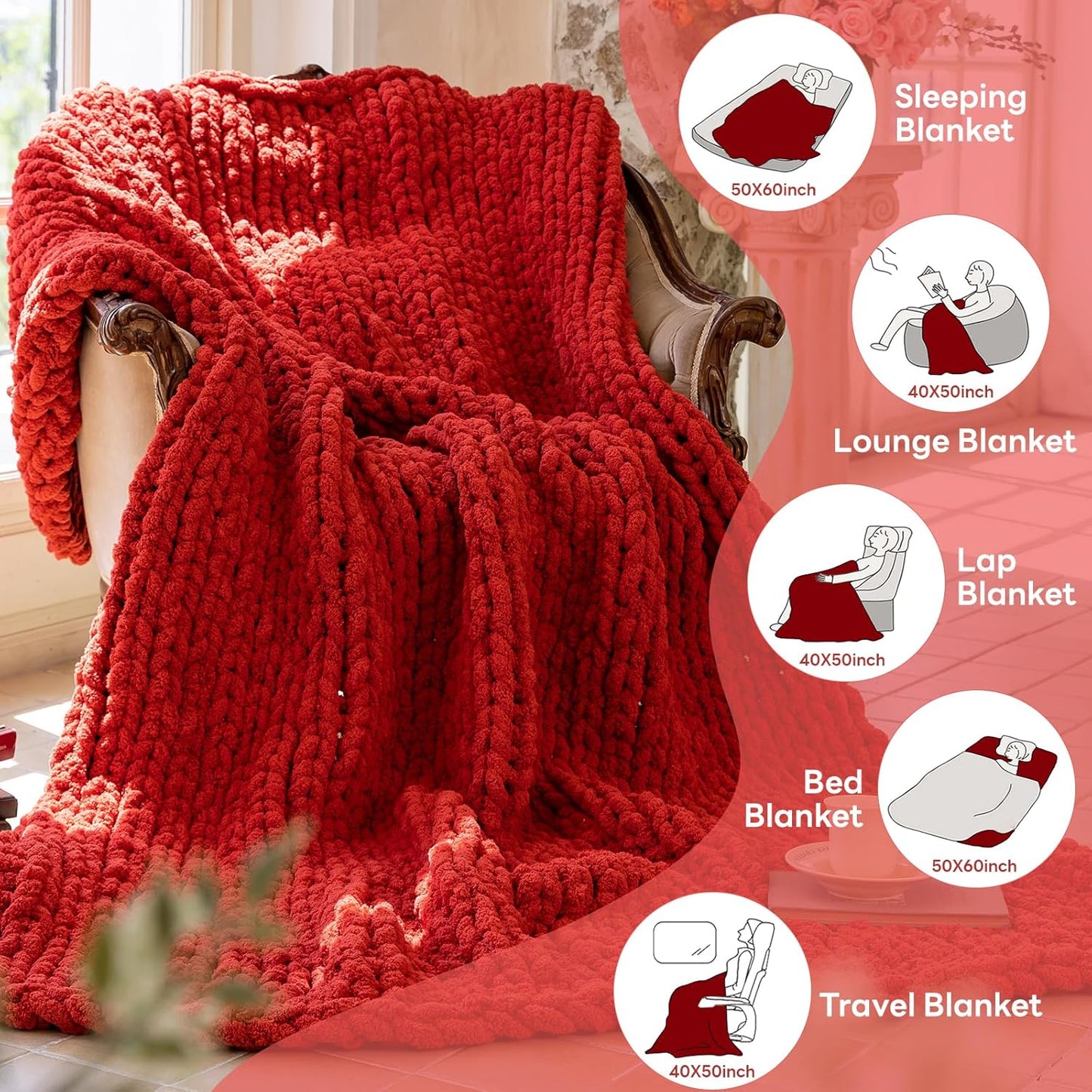 Chunky Knit Blanket - Luxury Soft Cozy 60 * 80 Throw Blanket,100% Woven Blanket Rope Knot Throw Blanket for Couch, Sofa, Home Decor, Gift - Machine Washable（Wine red）