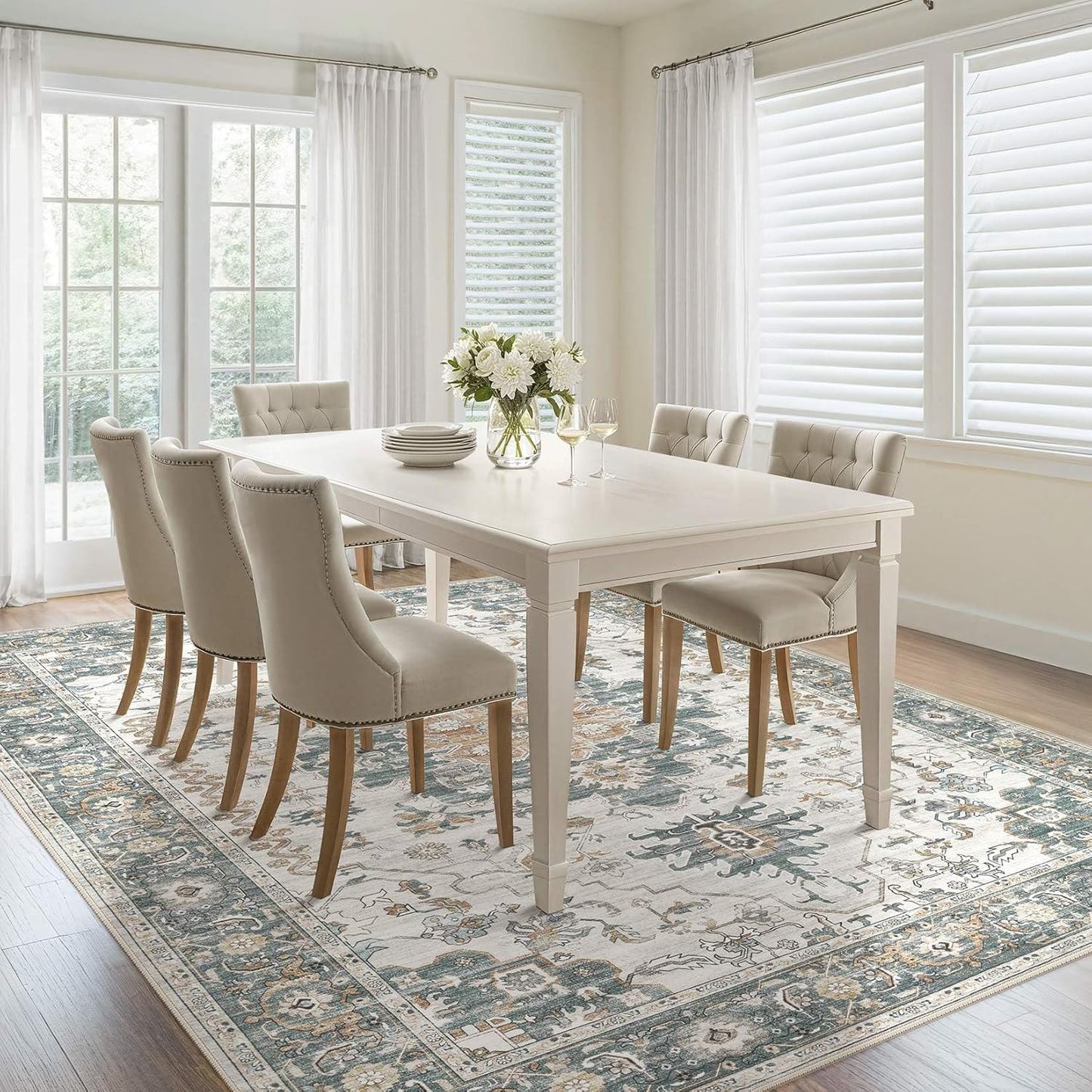 Washable Area Rugs for Living Room -9x12 Neutral Vintage Distressed Floral Farmhouse Boho Large Soft Floor Rug Indoor Non Slip Carpet for Living Room Bedroom Dining Room Office -Green/Grey