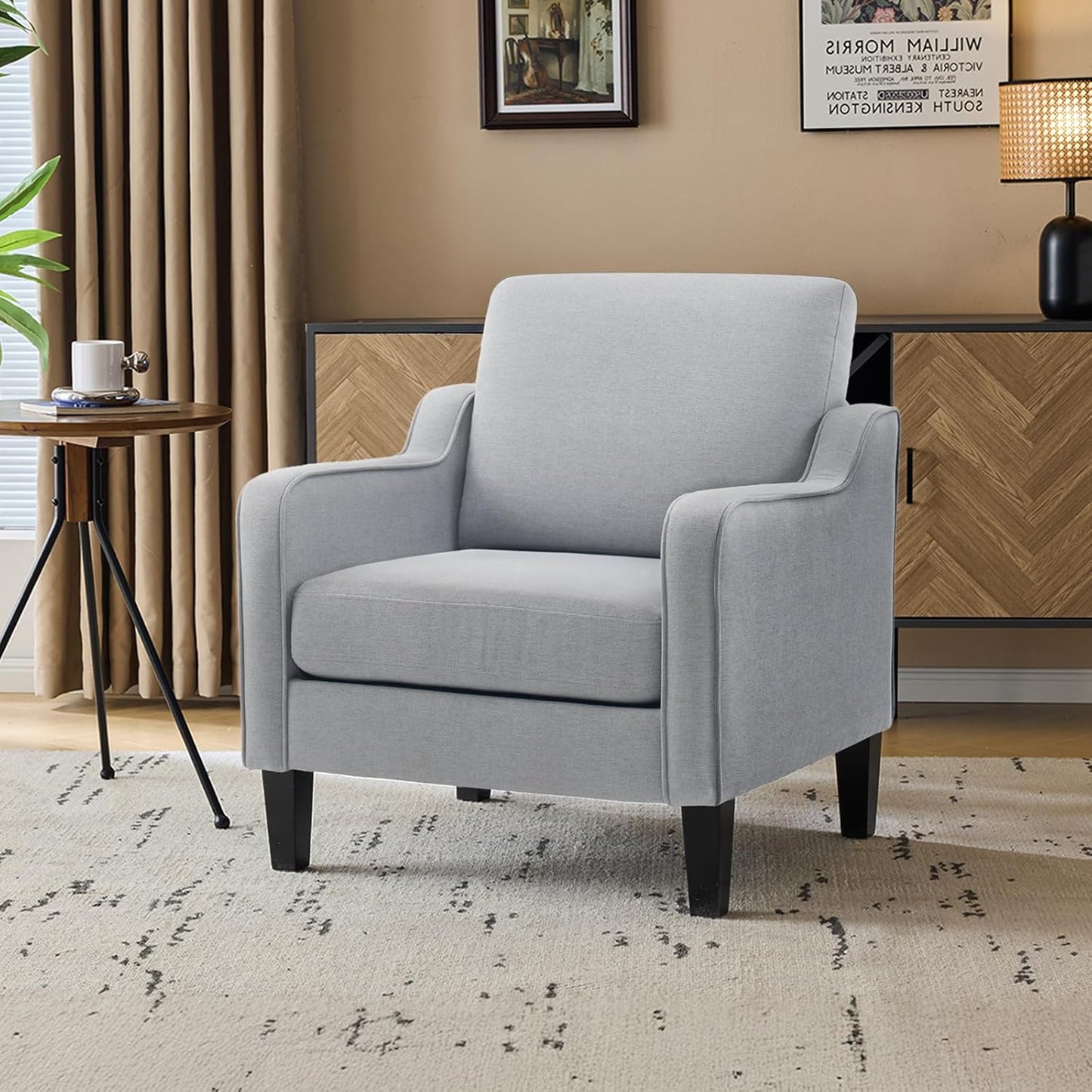 VINGLI Mid Century Modern Accent Chair, Light Grey Fabric Accent Chairs for Living Room Upholstered Armchair with Scooped Arms for Bedroom, Apartment, Studio, Office, Waiting Room