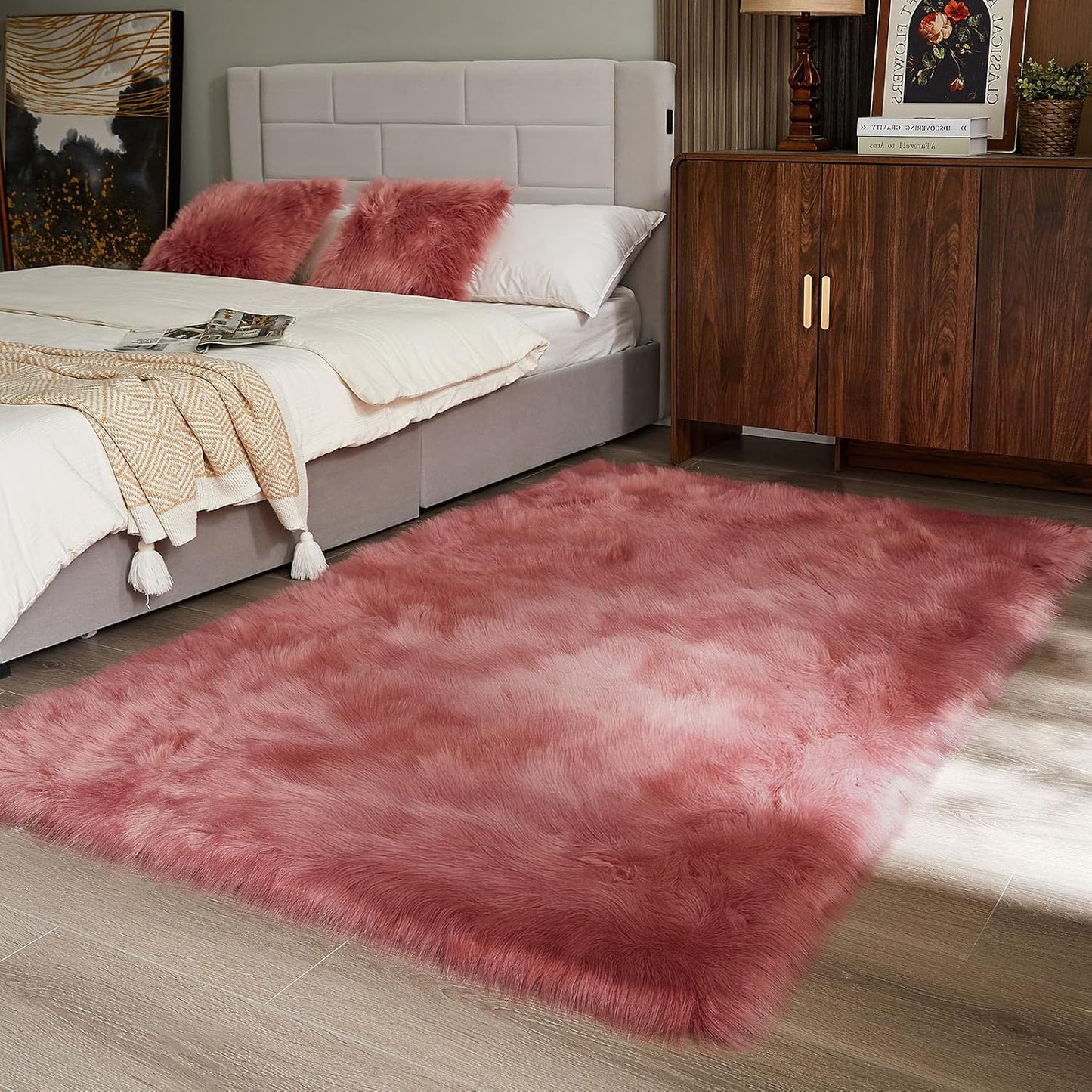 AMTOVO Faux Fur Sheepskin Rug for Living Room, 4 x 6 ft Blush Pink Fluffy Area Rug for Bedroom, Playroom, Luxury Room Decor, Rectangle