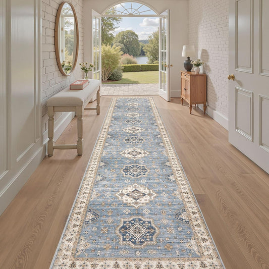 Washable 2.6x12 Runner Rug - Area Rugs Neutral Vintage Distressed Floral Farmhouse Boho Large Soft Floor Rug Indoor Carpet for Hallway Entryway Kitchen Home - Blue