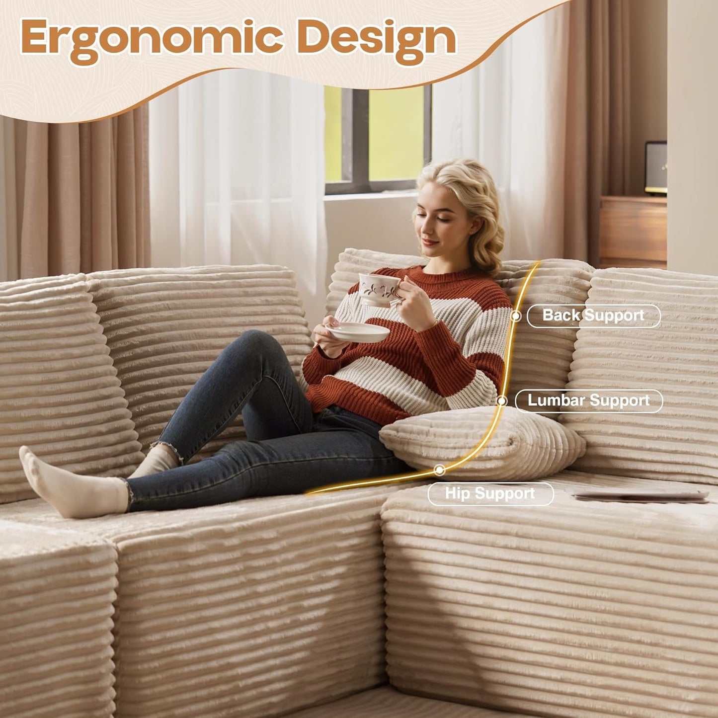 Cloud Sectional Couches for Living Room,U Shaped Modular Sofas No Assembly,135x79 Inches Plush Corduroy Oversized Floor Couch Set with Deep Seat Chaise,Beige