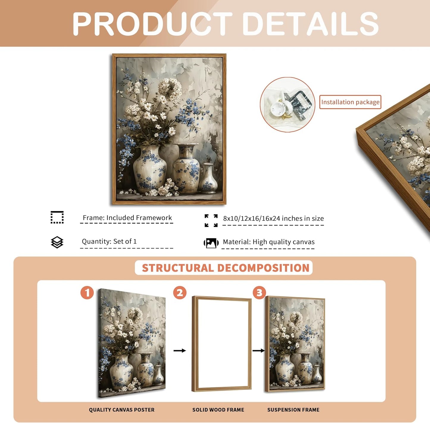 Floating Framed Farmhouse Floral Canvas Wall Art, Vintage Blue and White Flower Pictures Wall Decor, Elegant Art Jar Posters Print for Living Room Bedroom Bathroom Rustic Decor 8x10 inch