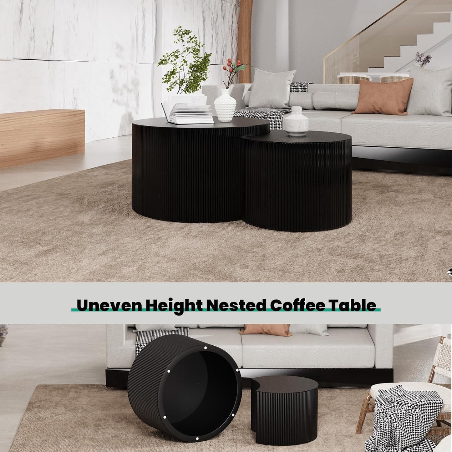 Round Nesting Coffee Table, Drum Wood Coffee Table Set of 2 Black, Modern Fluted Nesting Tables Circle Center Table 2 Piece for Small Spaces Living Room Bedroom Balcony Office, No Assembling