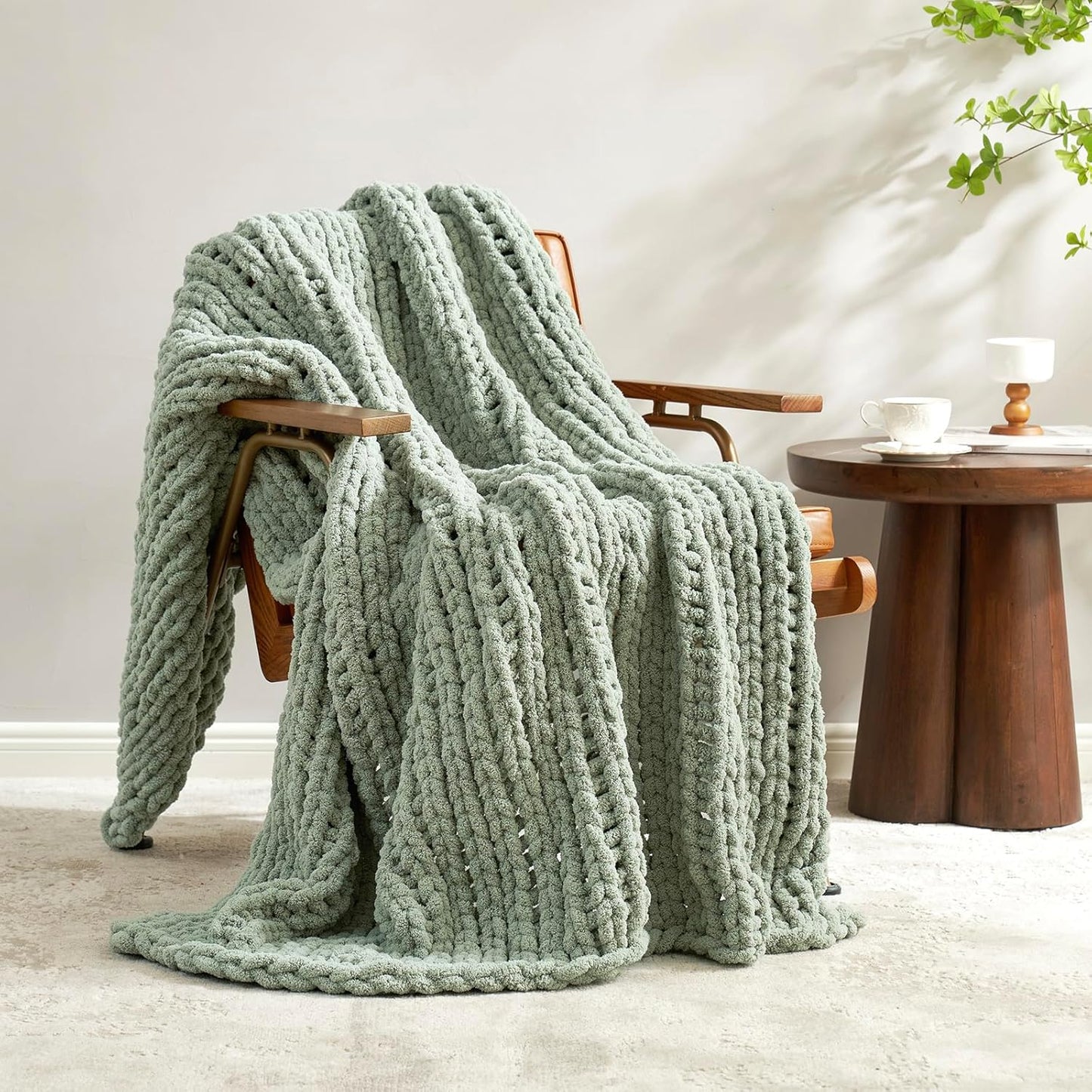 Amélie Home Chunky Knit Throw Blanket for Couch, Soft Chenille Crochet Blanket for Sofa, 50"x60", Sage Green