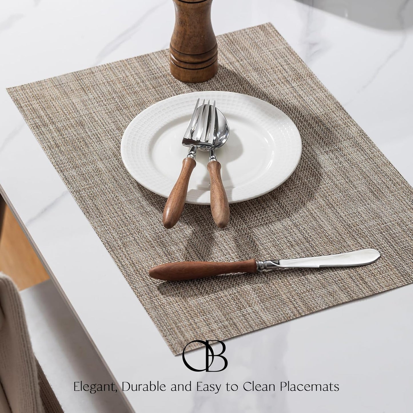 Placemats Set of 12 - Easy Clean Woven Vinyl Placemats for Dining Table, Indoor/Outdoor Place Mats, Washable PVC Table Mats（Caramel）