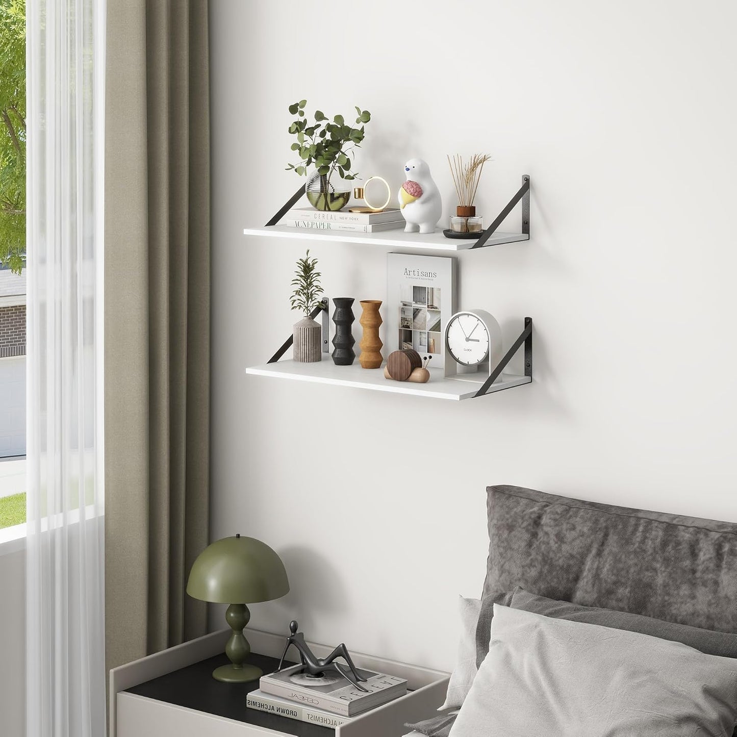 Deep Floating Shelves, 12 Inch Deep Floating Shelves for Wall, 24"W x 12"D Wall Shelves for Books, Rustic White Wooden Shelves, Large Wide Display Shelf for Bathroom, Living Room, Bedroom, Set of 2