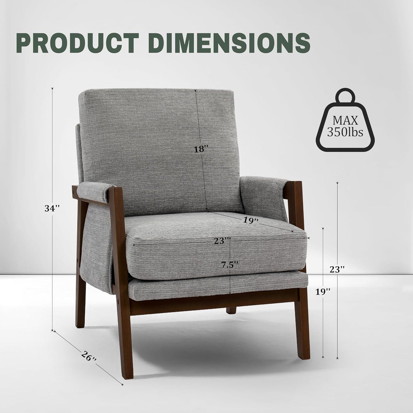 Modern Accent Chair for Living Room Mid Century Arm Chair Upholstered Bedroom Chair Comfy Lounge Chair with Solid Wood Frame, Grey