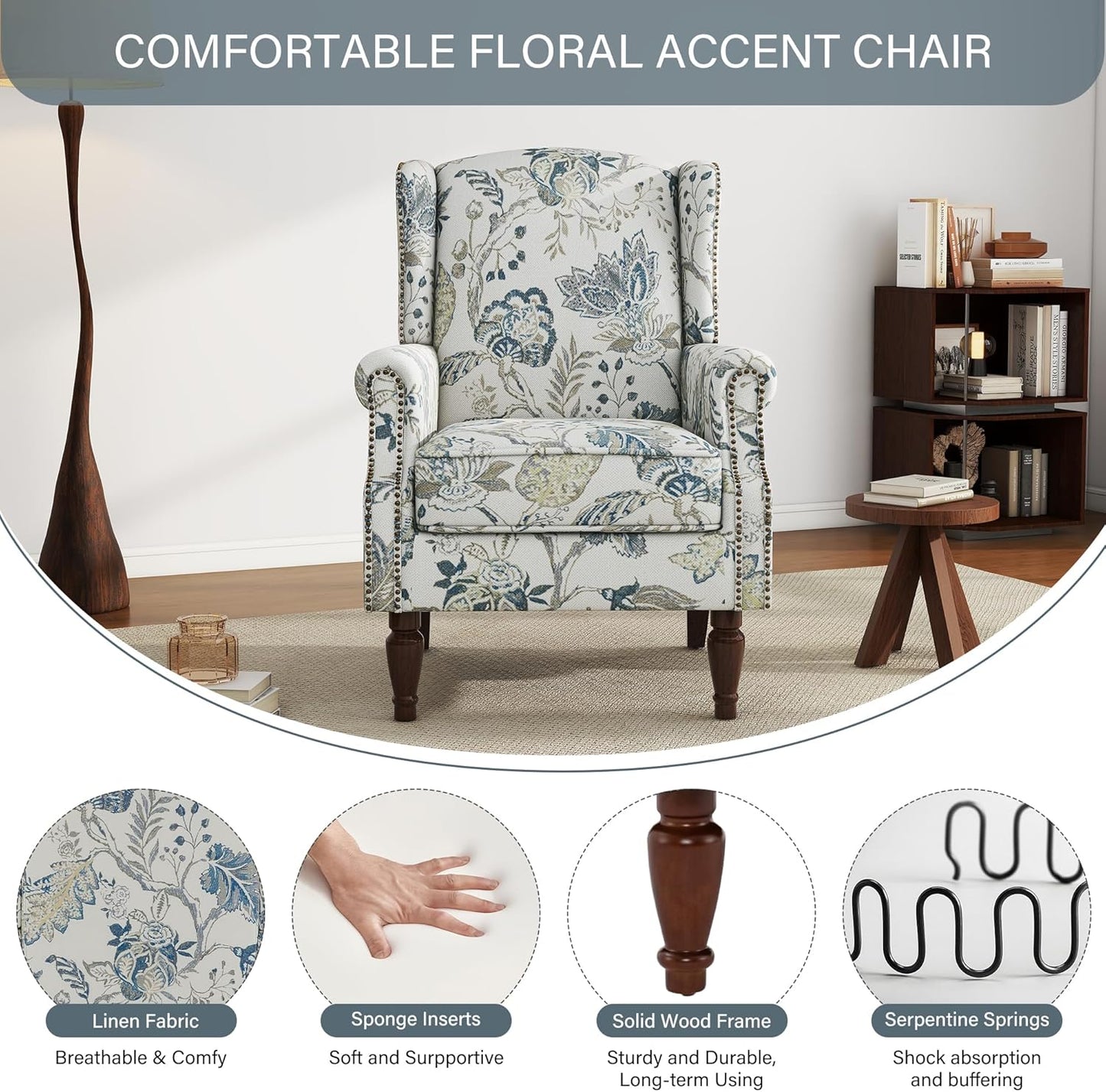 UIXE High Back Floral Accent Chair, Upholstered Armchair in Fabric, Retro Printed Wingback Arm Chair for Living Room, Nailhead Trim Single Sofa Bedroom Reading Seat - Plants Blue